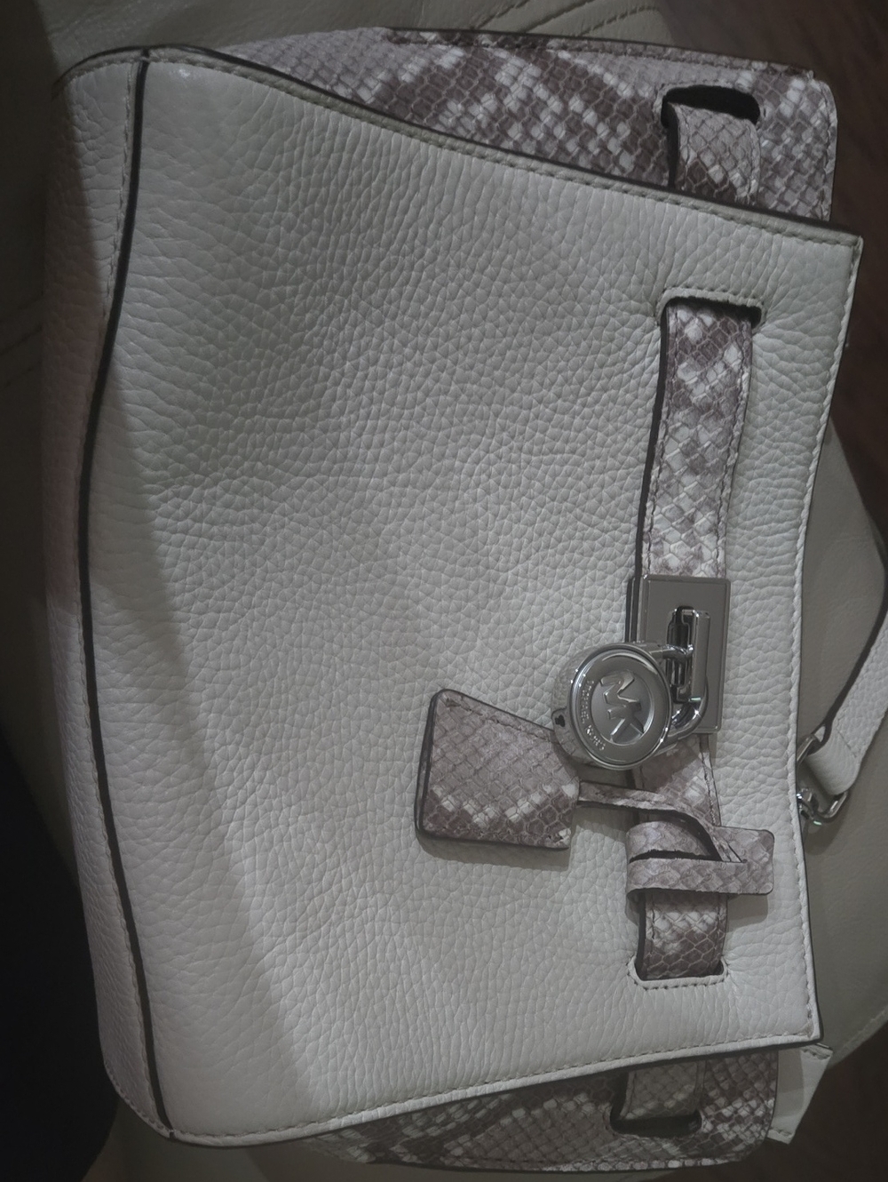 Michael Kors White Pebbled Leather Shoulder Bag with Snake-Print Trim
